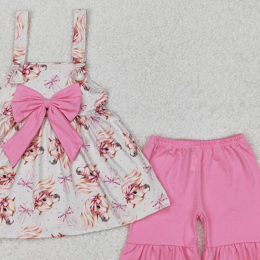 5.16 GSSO2100 RTS NO MOQ Pink bow straps unicorn tunic shorts girls summer outfits