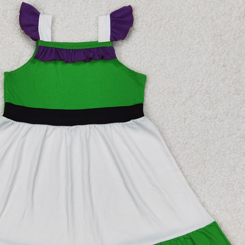 GSD1874 RTS NO MOQ White green purple flutter sleeves ruffle princess girls dress