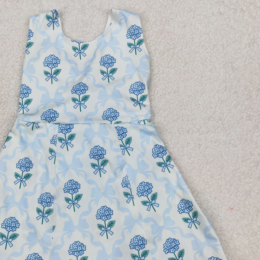 GSD1944 RTS NO MOQ Baby Girls Summer Yoga Dress Sleeveless light blue bow floral baby girls athletic dresses