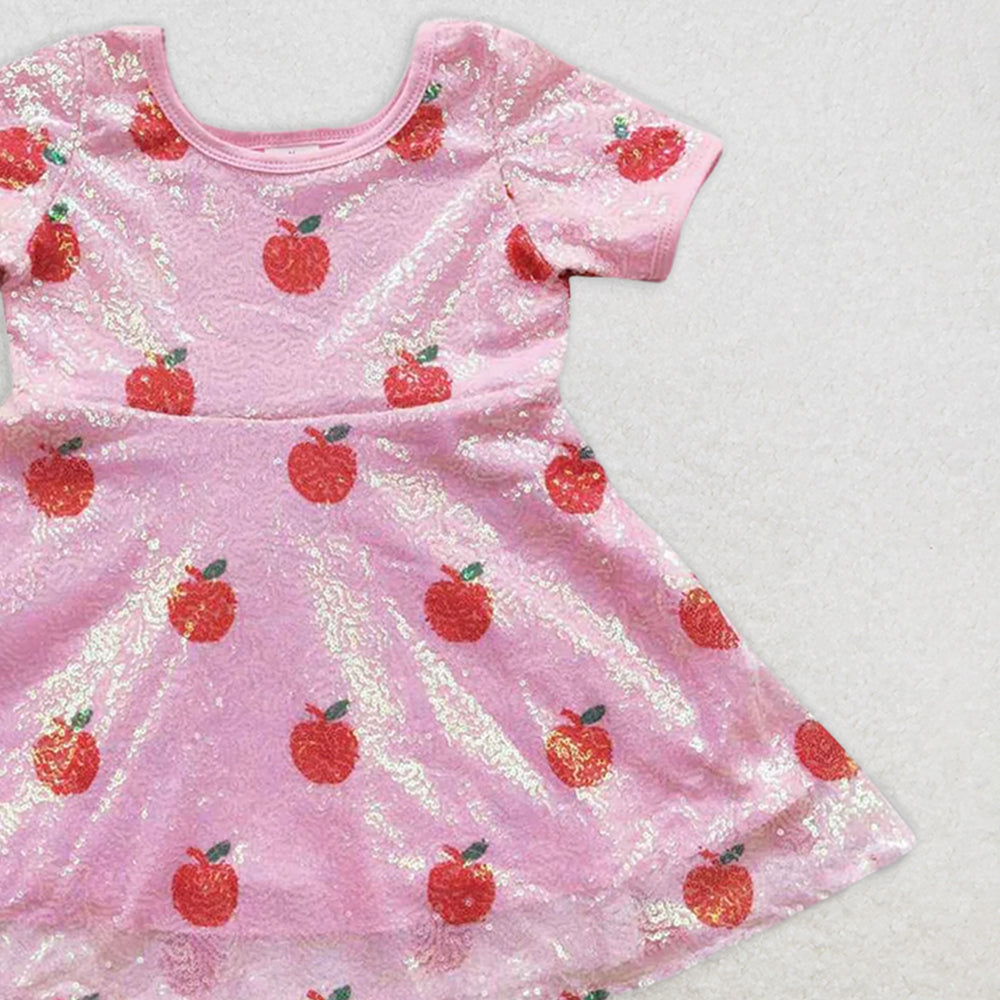 GSD0437 RTS NO MOQ Children Clothes Girls Kids Dress Red Apple Sequin Pink Short Sleeve Dress