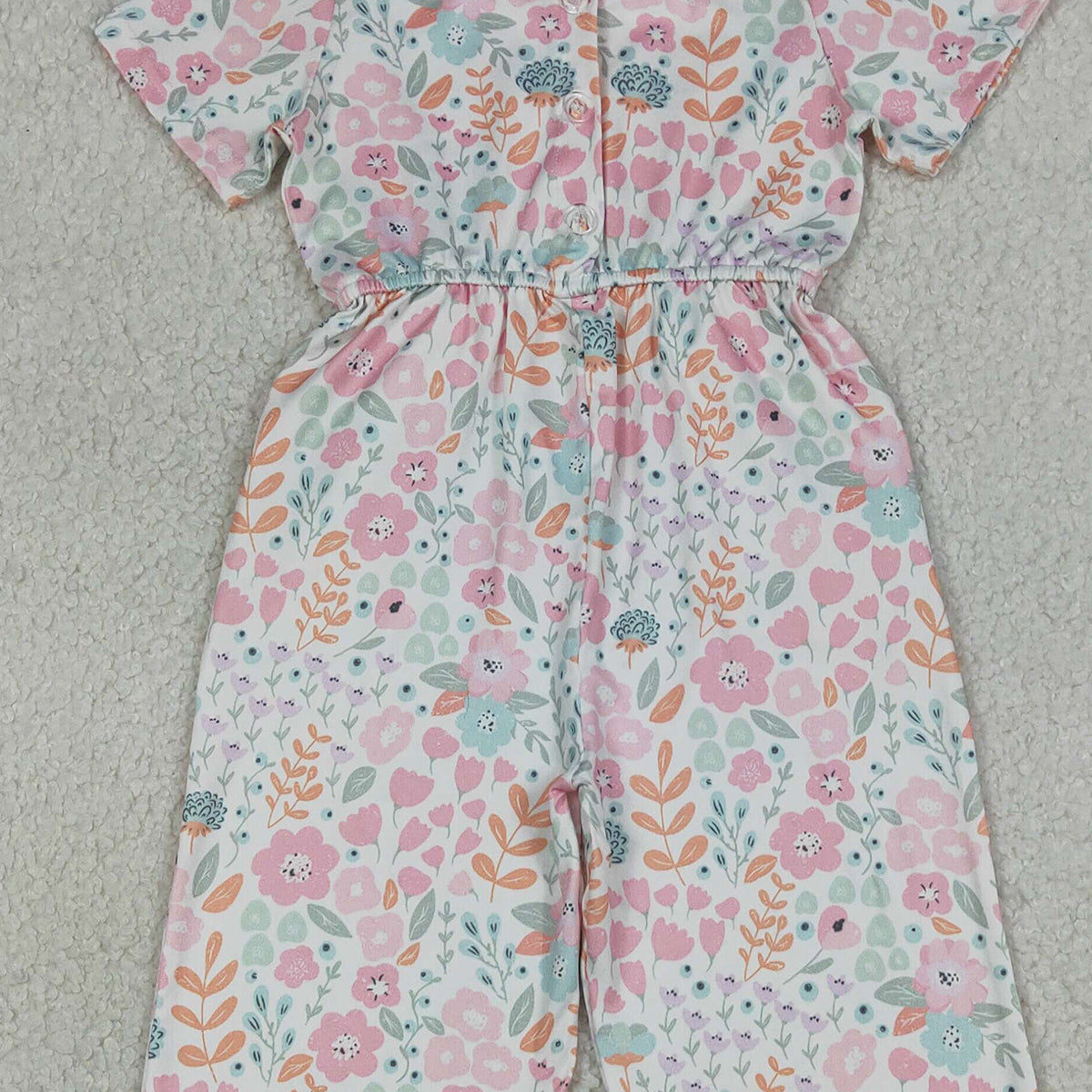 4.7 SR3987 RTS NO MOQ (In stock) Short sleeves pink floral pockets kids girls jumpsuit