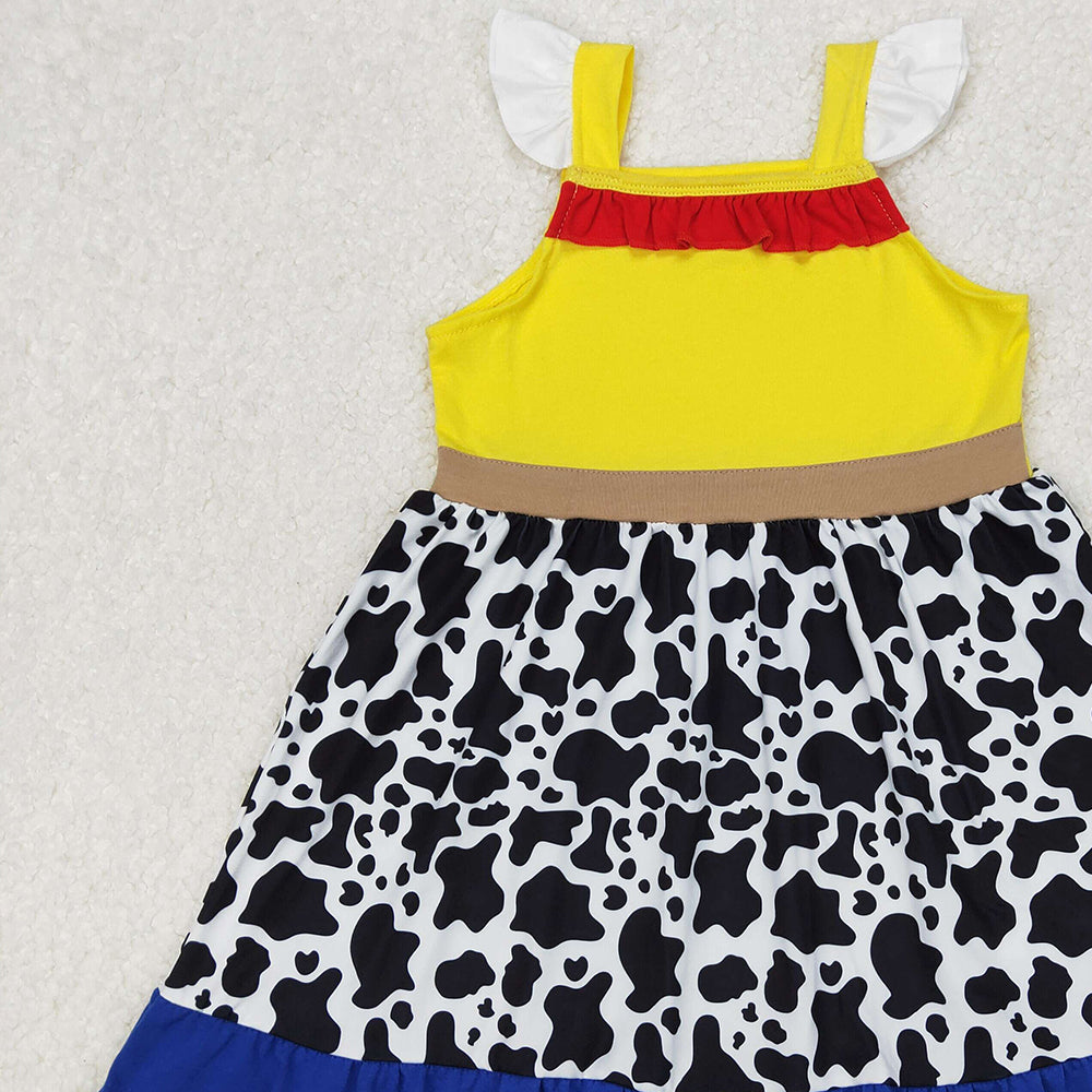 GSD1881 RTS NO MOQ Yellow cow print flutter sleeves ruffle baby girls dress