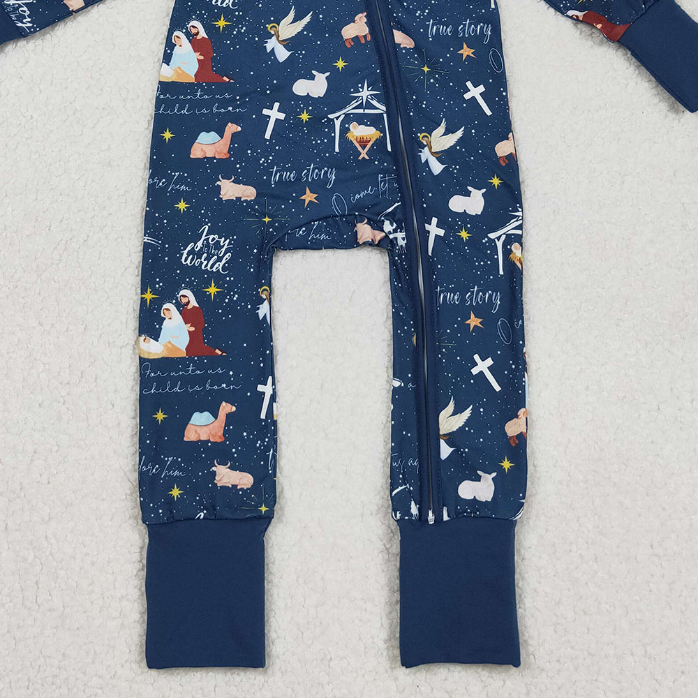 RTS NO MOQ (In stock)LR2504 Baby Boys Winter Rompers Blue Long Sleeve Cross Nativity Baby Christmas Zip Romper for Infants Boy