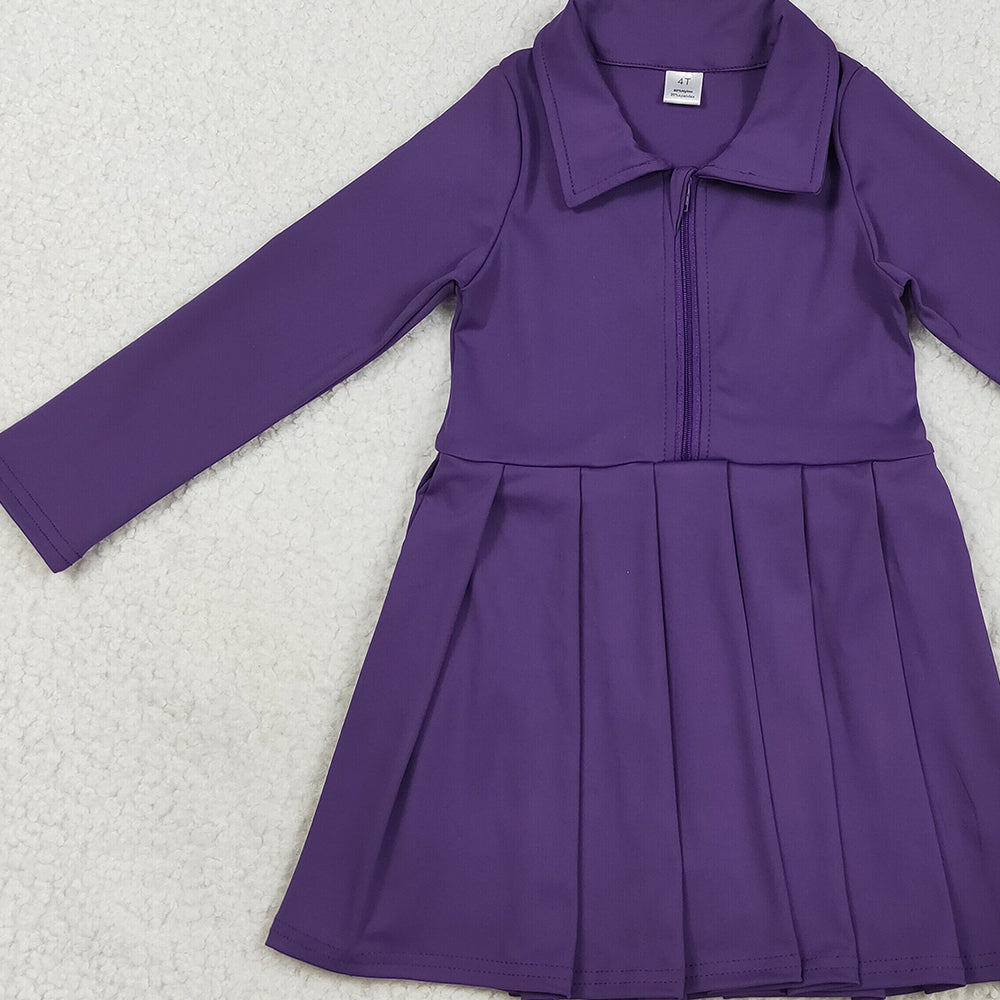 RTS NO MOQ (In stock)GLD1152 Baby Girls Yoga Dress Baby Girls Purple Long Sleeves Zipper Yoga Active Knee Length Dresses