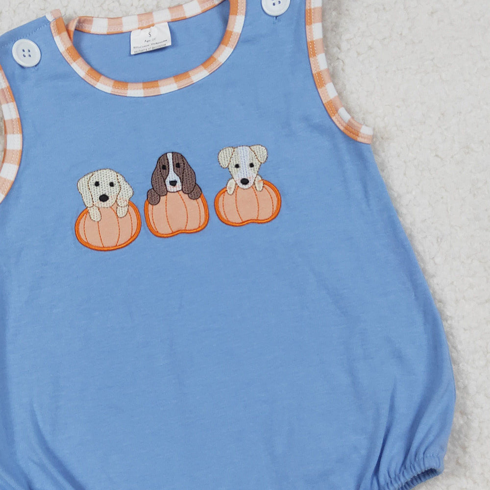 RTS NO MOQ (In stock)SR3190 Baby Boys Summer Rompers Embroidery Dogs Pumpkins Blue Sleeveless Fall Rompers