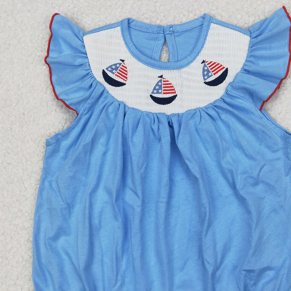 4.10 SR2573 RTS NO MOQ Baby Girls Summer Romper Light blue boat smocked baby girls 4th of july romper
