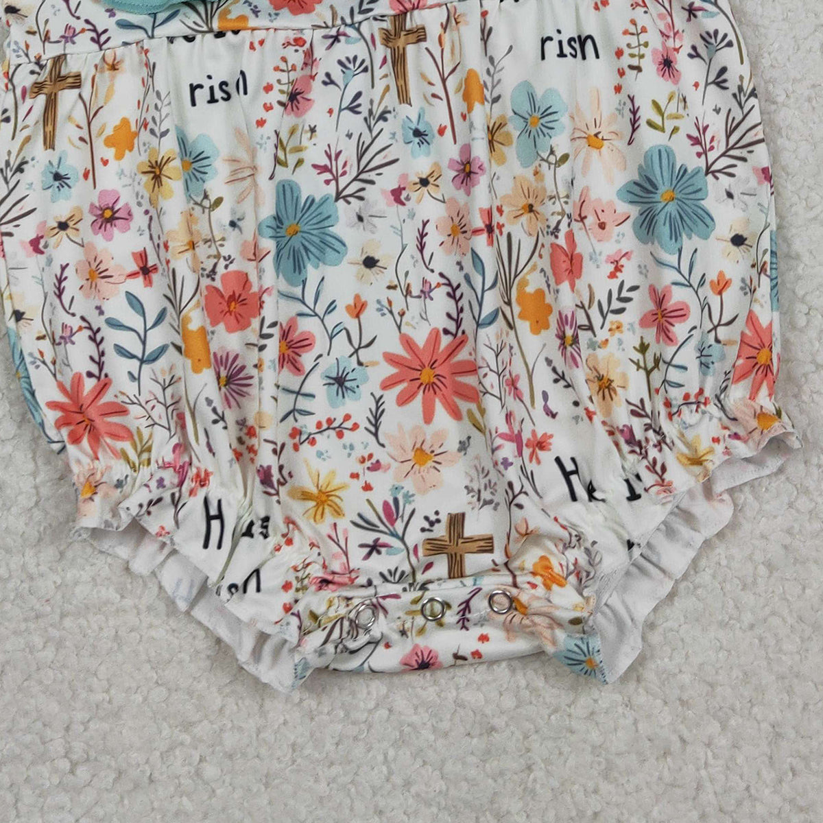 1.21 RTS NO MOQ (In stock)SR3861 Baby Girls Crosses He is Risen Flowers Easter Ruffle Rompers