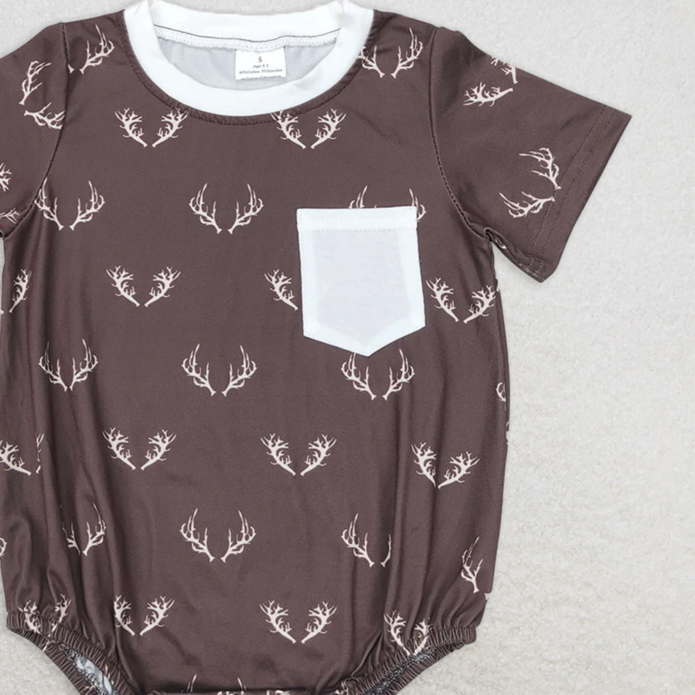 SR1614 RTS NO MOQ Baby Boys Summer Rompers Baby Boys Deer Short Sleeve Pocket Rompers