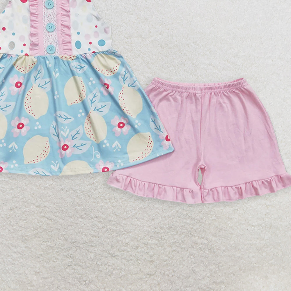 GSSO1133 RTS NO MOQ Baby Girls Summer OutfitsLemon flower sleeveless pink shorts set
