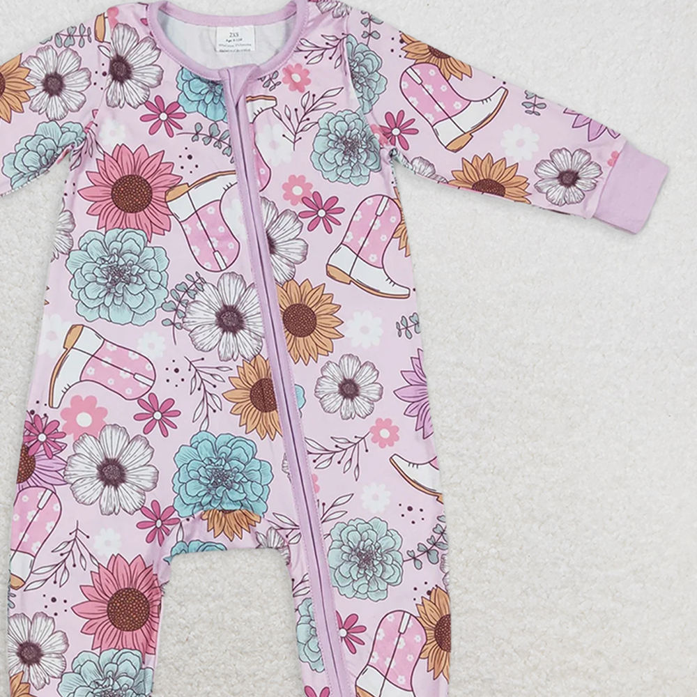 5.17 LR0801 RTS NO MOQ Baby Girls Winter Rompers Pink flower boots western baby girls zipper romper