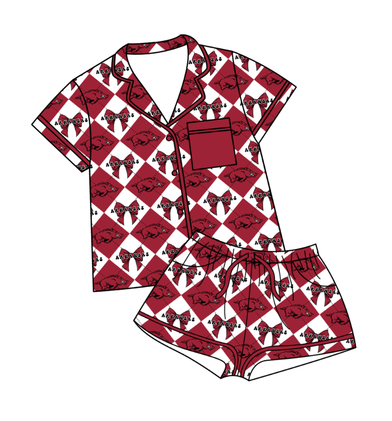 CUSTOM MOQ 5 Baby Girl Clothes Red Bow Plaid Top Bottom Shorts Pajamas Team Clothes Sets
