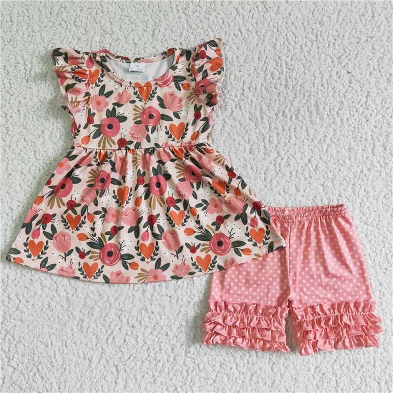 Pink flower dots shorts set
