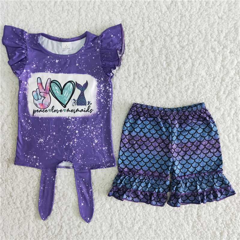 Purple Fish scale ruffles Shorts sets