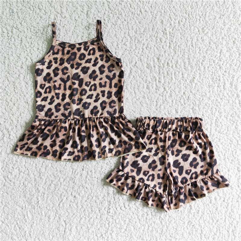 Baby girls leopard spaghetti strap shorts clothes sets