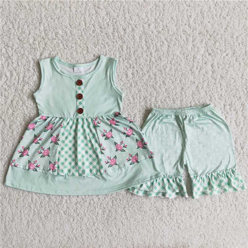Pink green sleeveless tunic ruffle shorts sets
