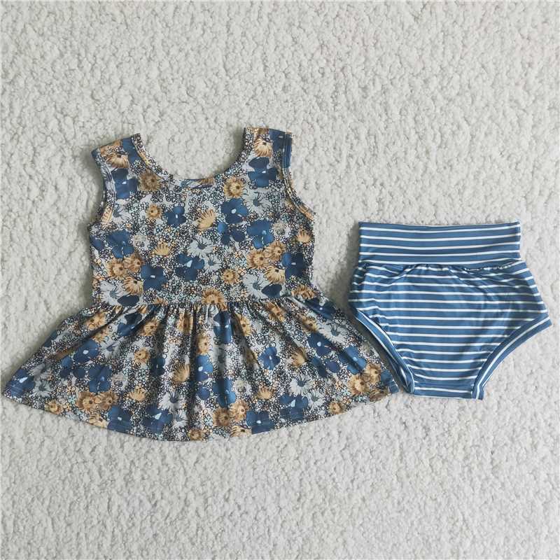 A8-11 Blue T-shirt flower bummie set