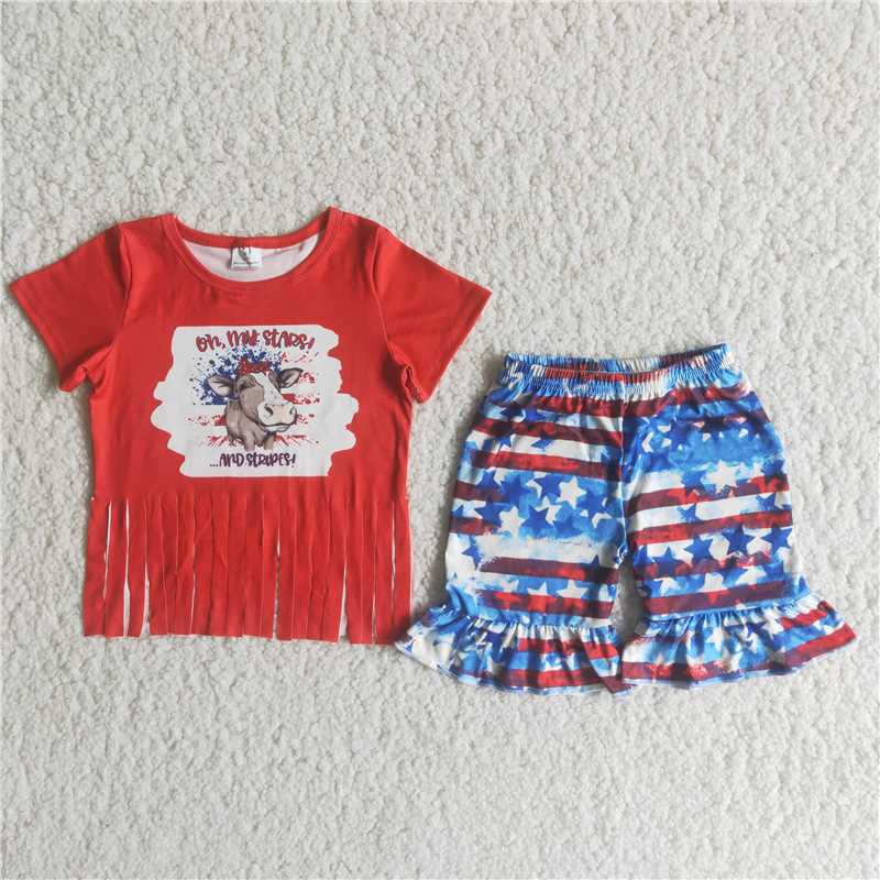 C15-2 4th of July Girl Tassel Cow Head Stars Stripes Suit