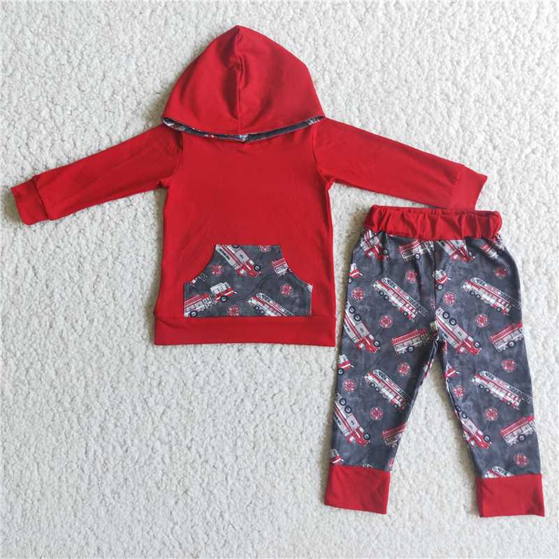 6 C8-2 Fire truck red long-sleeved hooded sweatshirt and pants set