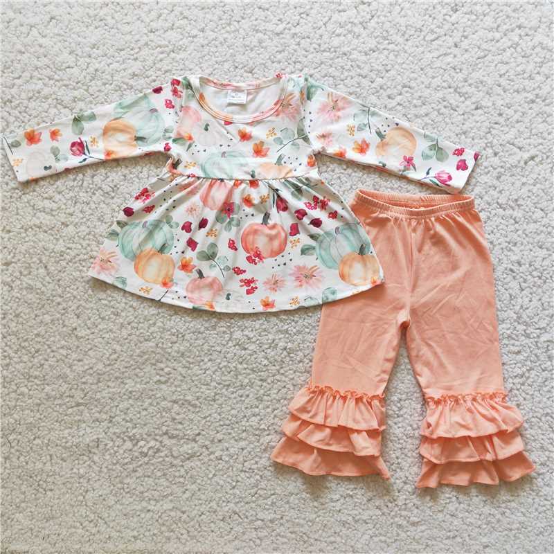 6 A2-15Long sleeve pumpkin print triple ruffle pants girls fall clothing