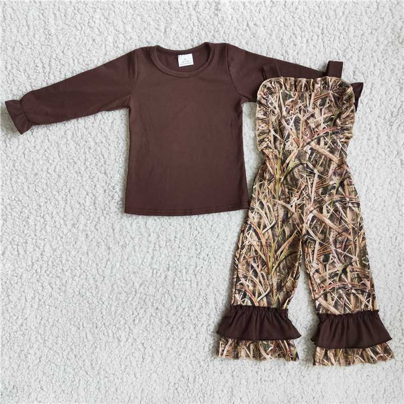 6 A7-27Brown cotton shirt camo overalls girls boutique clothing