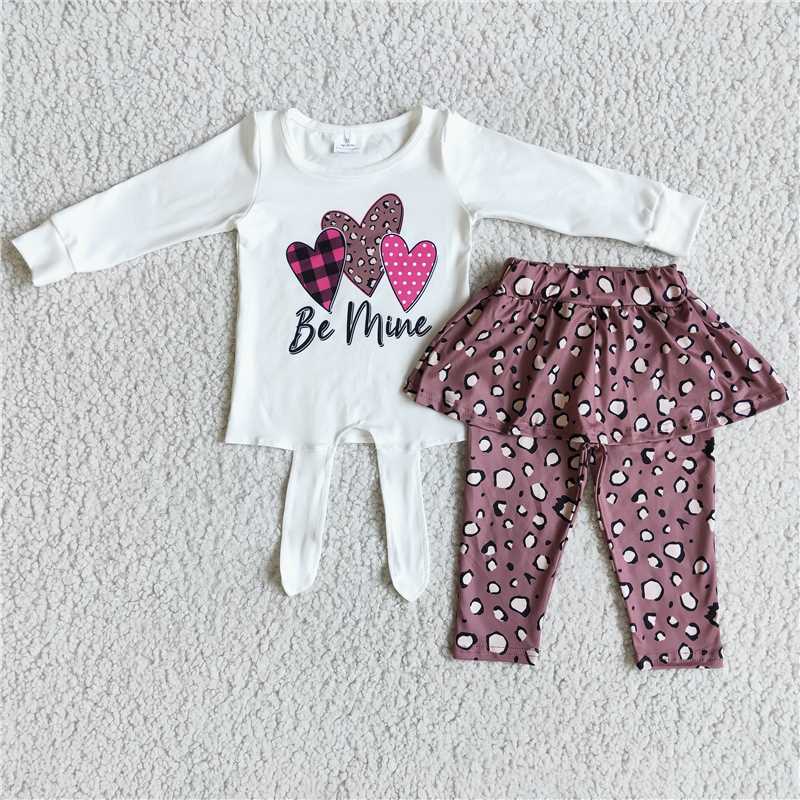 6 A25-28Be mine heart print shirt leopard leggings match skirt girls boutique valentine's outfits
