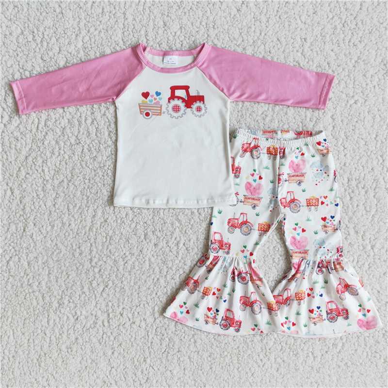 12.15 RTS NO MOQ (In stock)6 A29-30 Baby girls valentines tractor long sleeve top bell pants sets