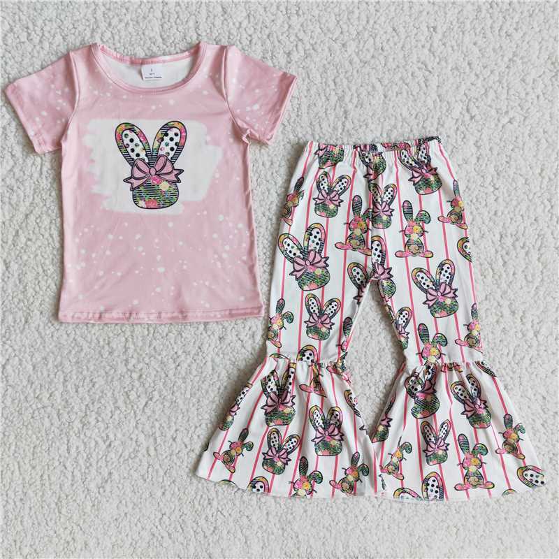E10-16 Baby girls cartoon pink bell bottom pants sets