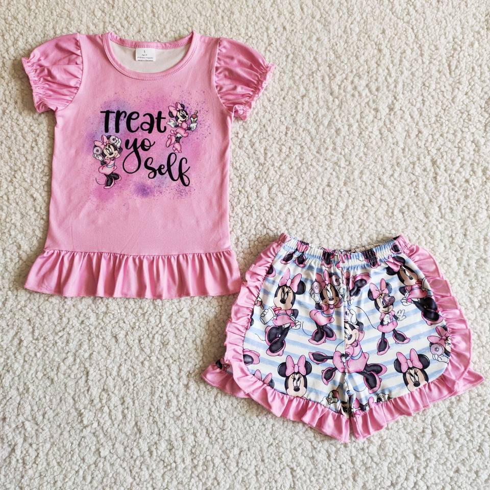 Baby girls summer cartoon pink ruffle shorts sets