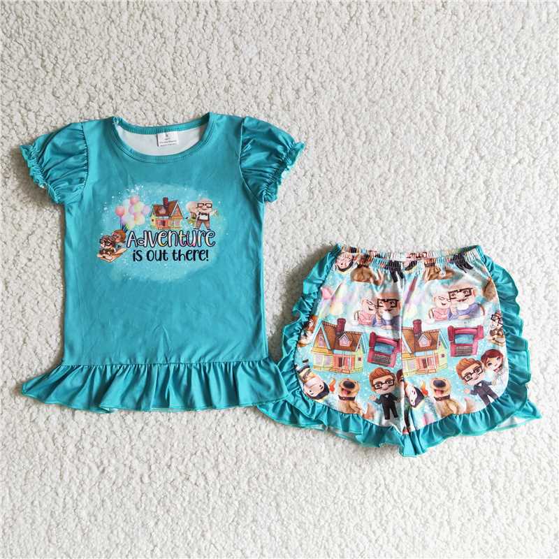 Baby girls cartoon balloon ruffle shorts sets