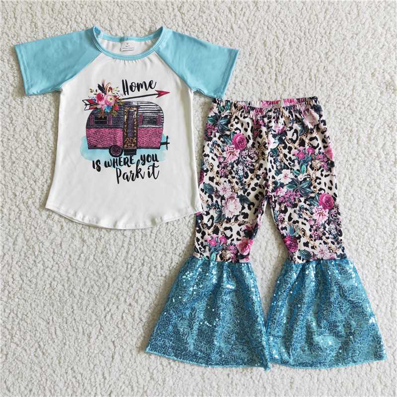 GSPO0053 Girls' car flower sequin short-sleeved trousers suit