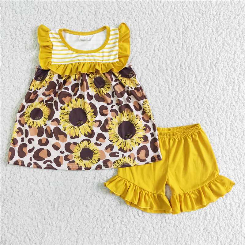 GSSO0069Sunflower leopard tunic yellow shirt girls clothing set
