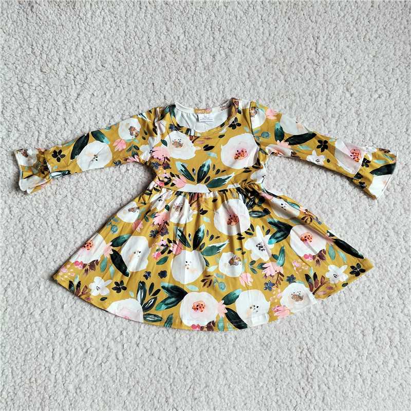9.23 RTS NO MOQ(In stock)G3-8-5*, Baby Girls Winter Dress White floral dark yellow long-sleeved dress