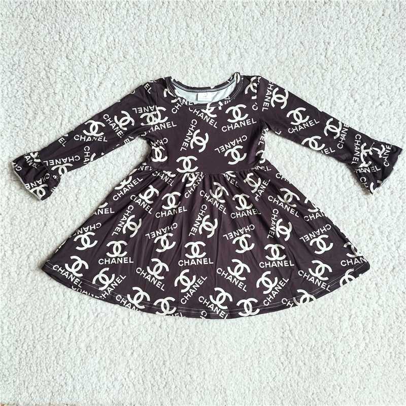 10.4 RTS NO MOQ(In stock)G3-8-6*;/ Baby Girls Winter Dress Off-white lettering black long-sleeved dress