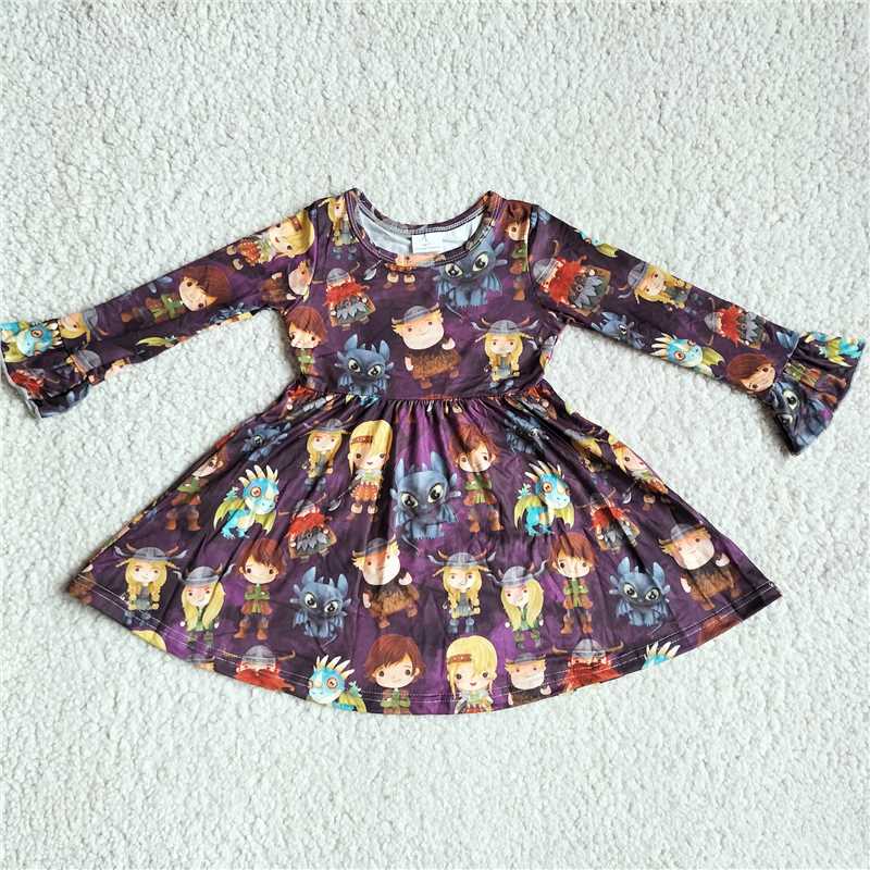 10.4 RTS NO MOQ(In stock)G3-8-7.'* Baby Girls Winter Dress Girls Little Monster Black Purple Long Sleeve Dress
