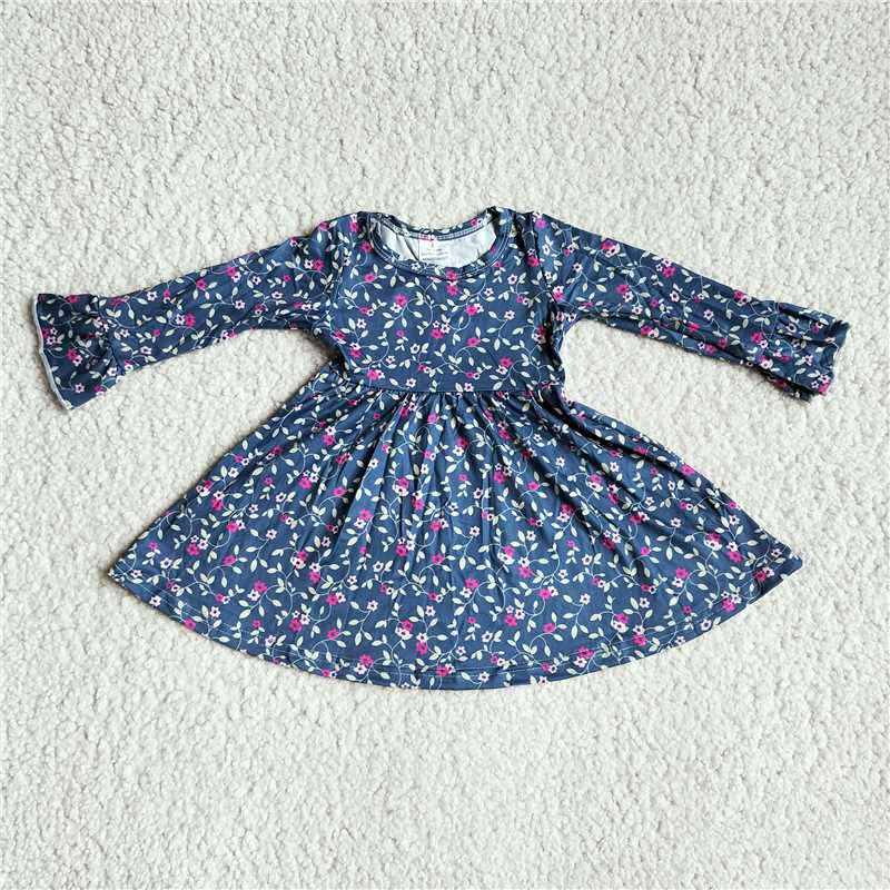 10.4 RTS NO MOQ(In stock)G3-8-7*/ Baby Girls Winter Dress Dark blue long-sleeved dress with purple flowers and leaves