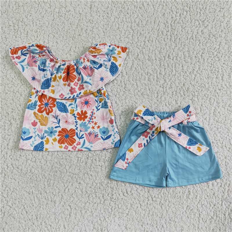 GSSO0099Floral shirt solid shorts girls summer clothes