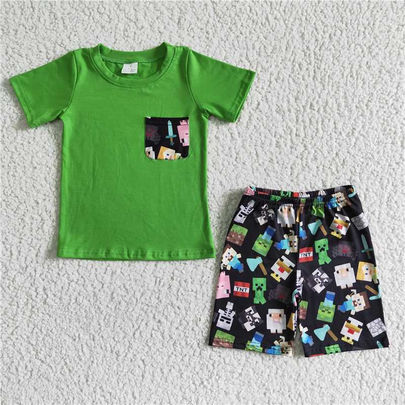 BLP1024+BSSO0078 Baby boy game green top pants pajamas set and short-sleeved shorts set