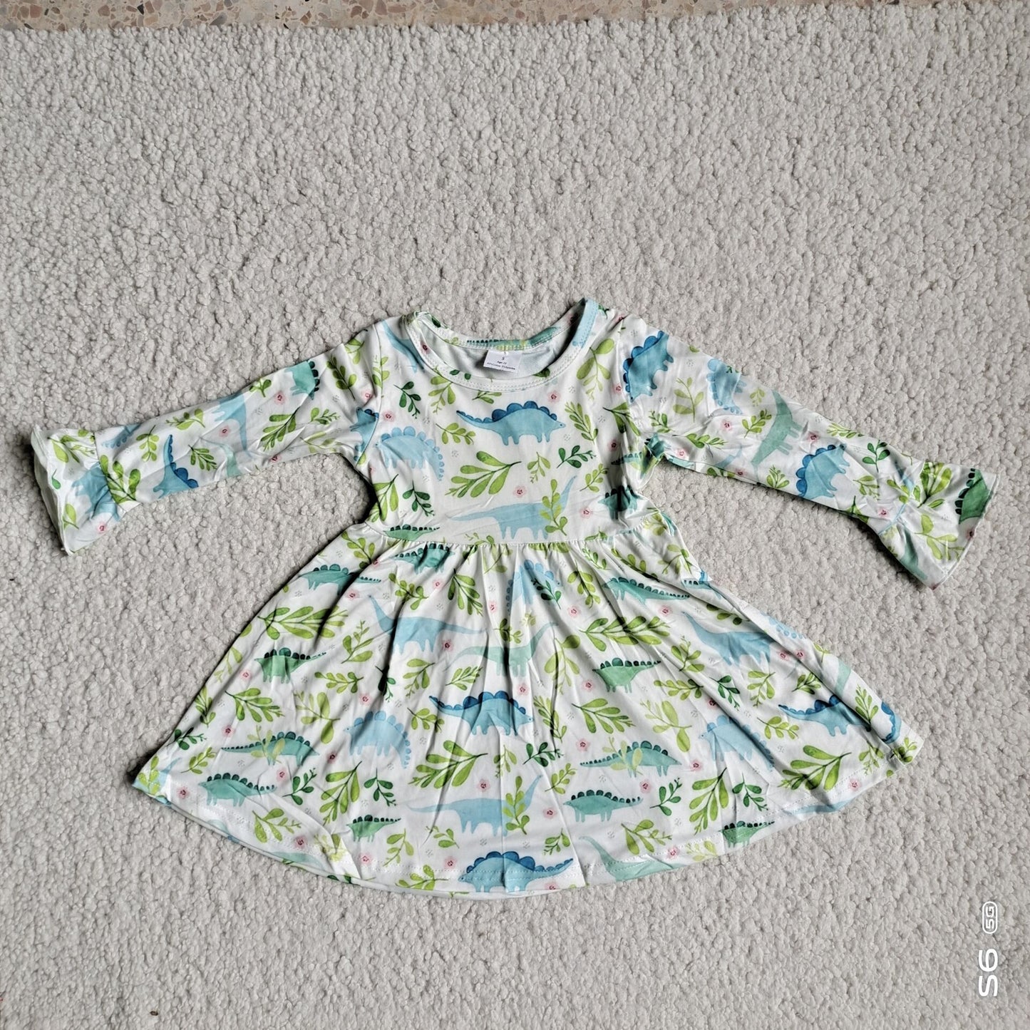 10.4 RTS NO MOQ(In stock)G3-12-4*.* Baby Girls Winter Dress Light blue dinosaur green leaf long-sleeved dress