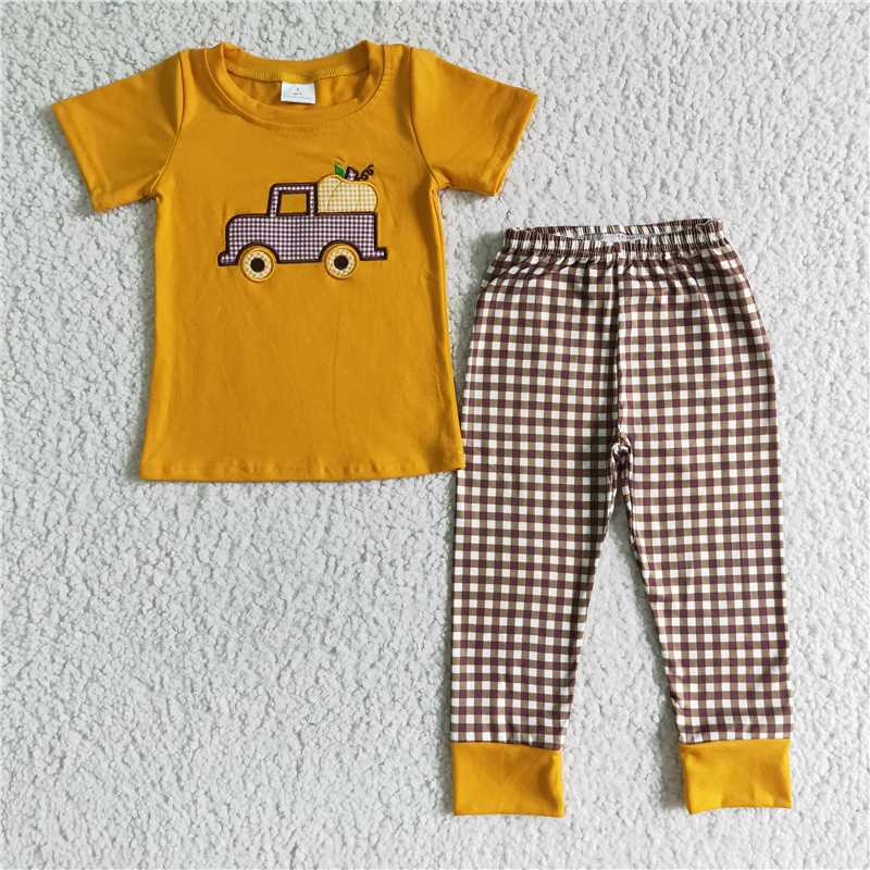 BSPO0007 Baby Boys pumpkin tractor embroidered pants sets