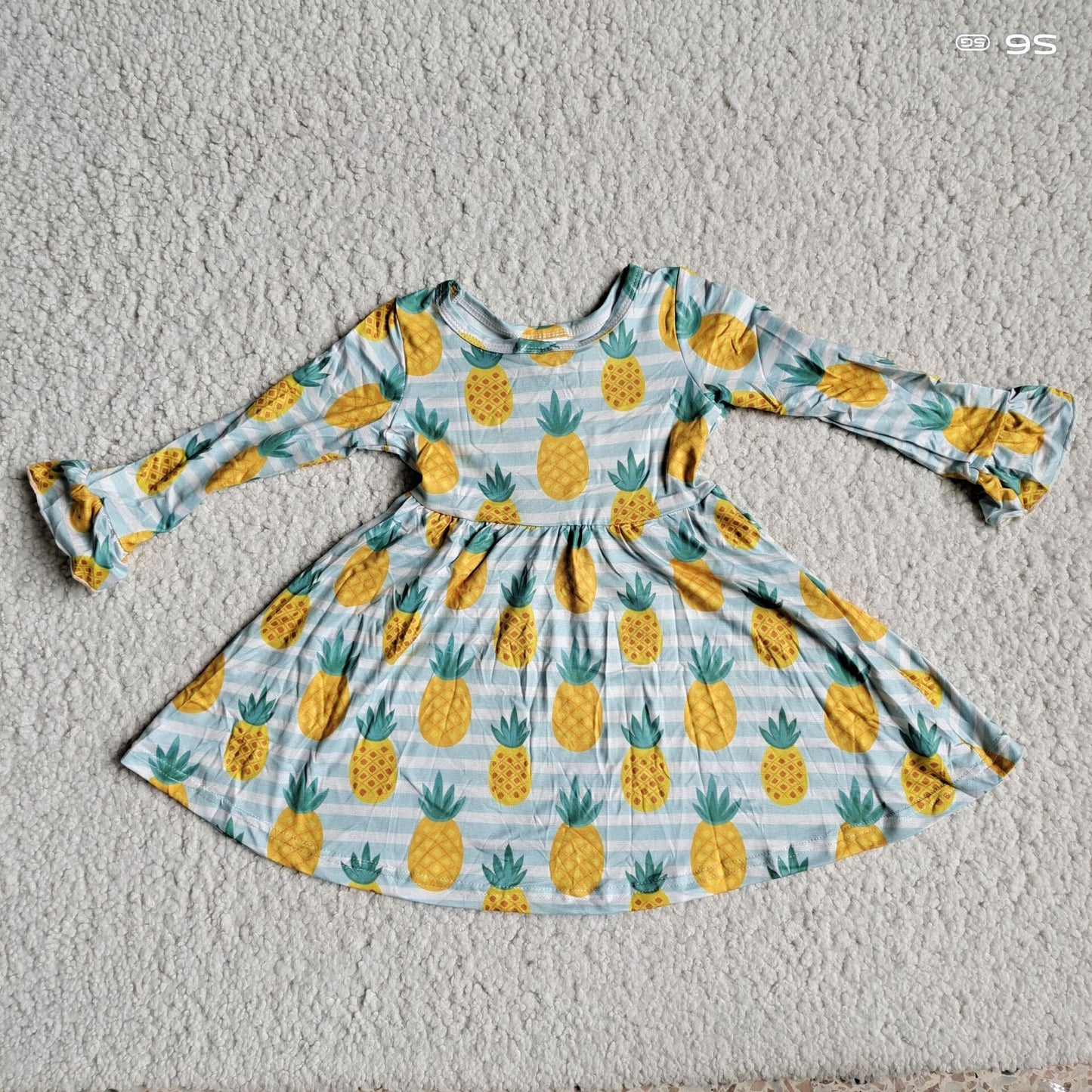 10.3 RTS NO MOQ(In stock)G3-12-6./. Baby Girls Winter Dress Pineapple green and white striped long-sleeved dress
