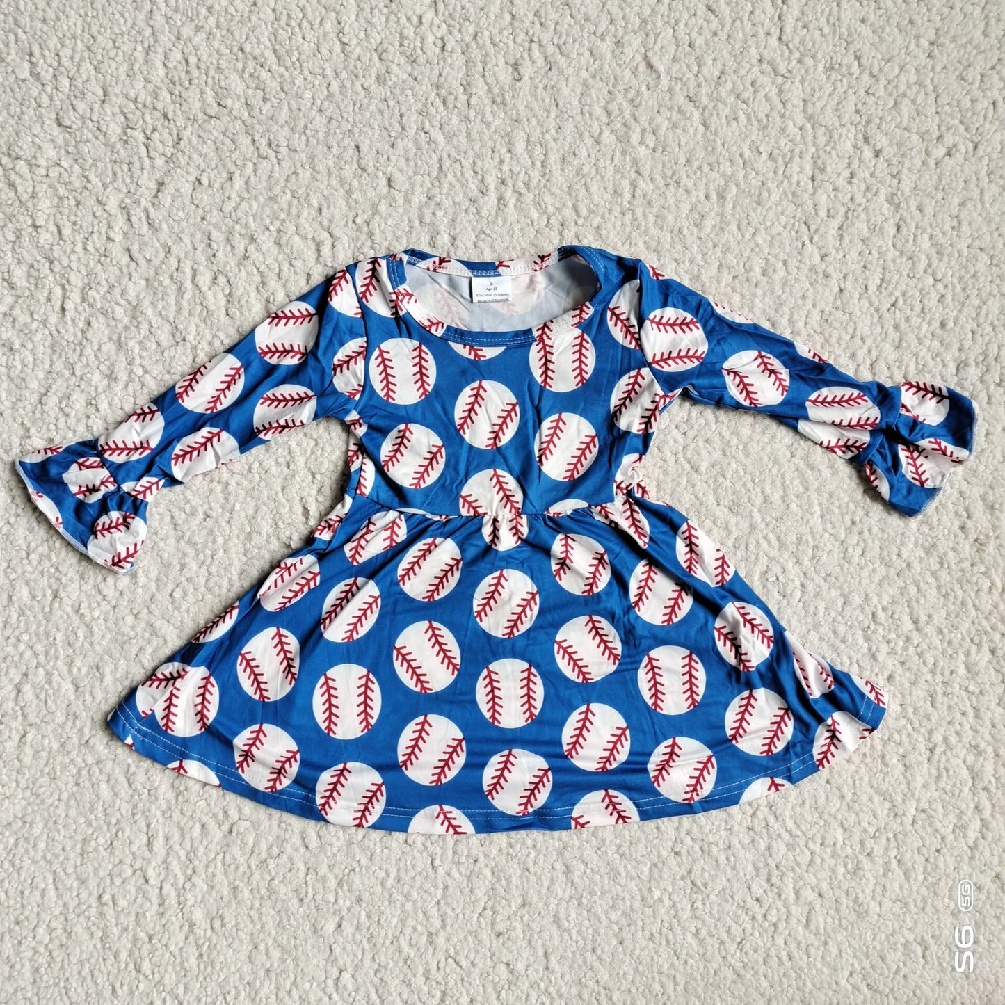 10.3 RTS NO MOQ(In stock)G3-12-6*';. Baby Girls Winter Dress Baseball dark blue flared long-sleeved dress