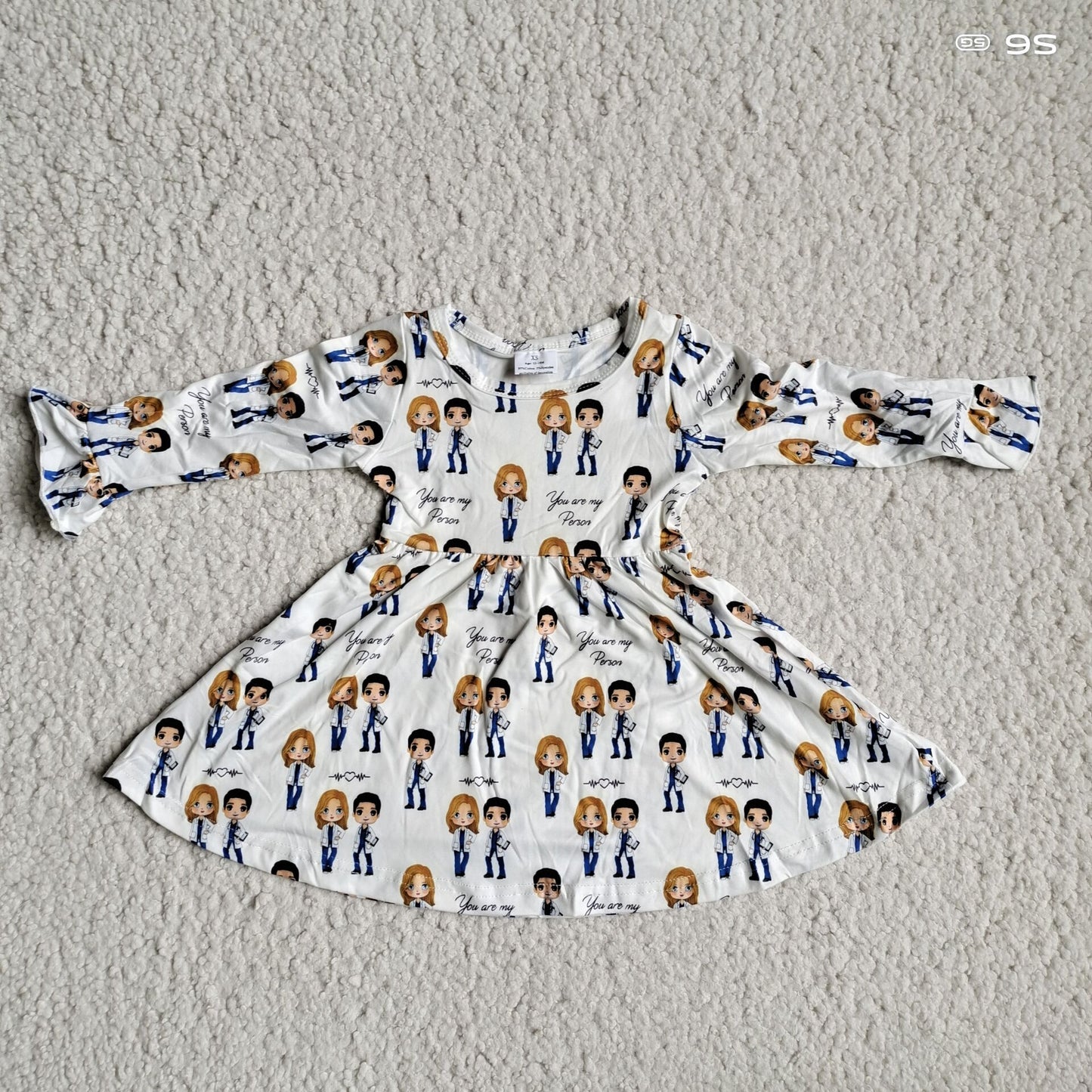 9.29 RTS NO MOQ(In stock)G3-12-5*\. Baby Girls Winter Dress Black letter doctor white long-sleeved dress