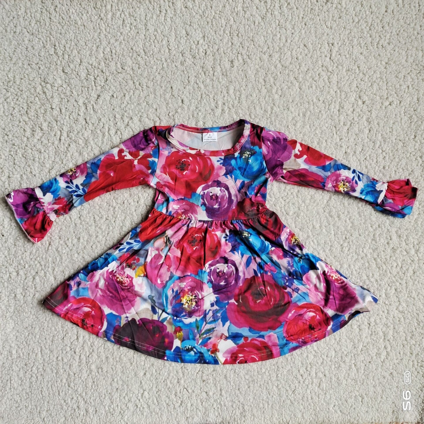 10.3 RTS NO MOQ(In stock)G4-12* Baby Girls Winter Dress Dark red, purple and blue oil painting rose long-sleeved dress