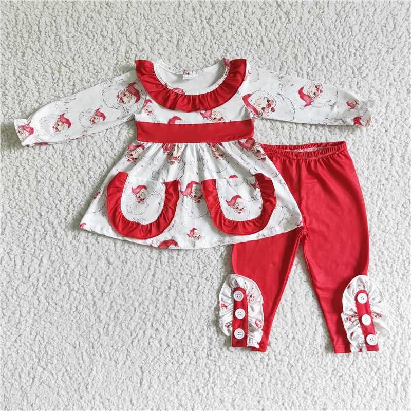 12.12 RTS NO MOQ (In stock)GLP0050 Baby girls Christmas santa pocket pants clothes sets
