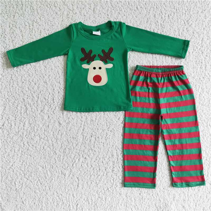 BLP0008Reindeer embroidery shirt stripe pants boy Christmas clothing