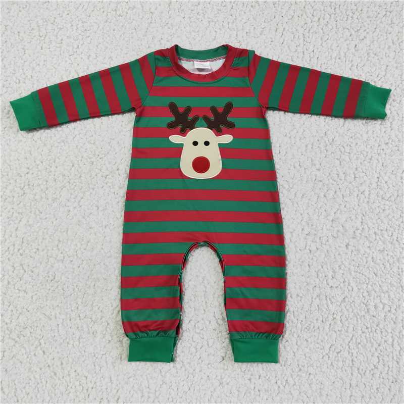 LR0028Red green stripe reindeer embroidery boy Christmas romper