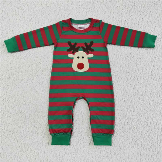 LR0028Red green stripe reindeer embroidery boy Christmas romper