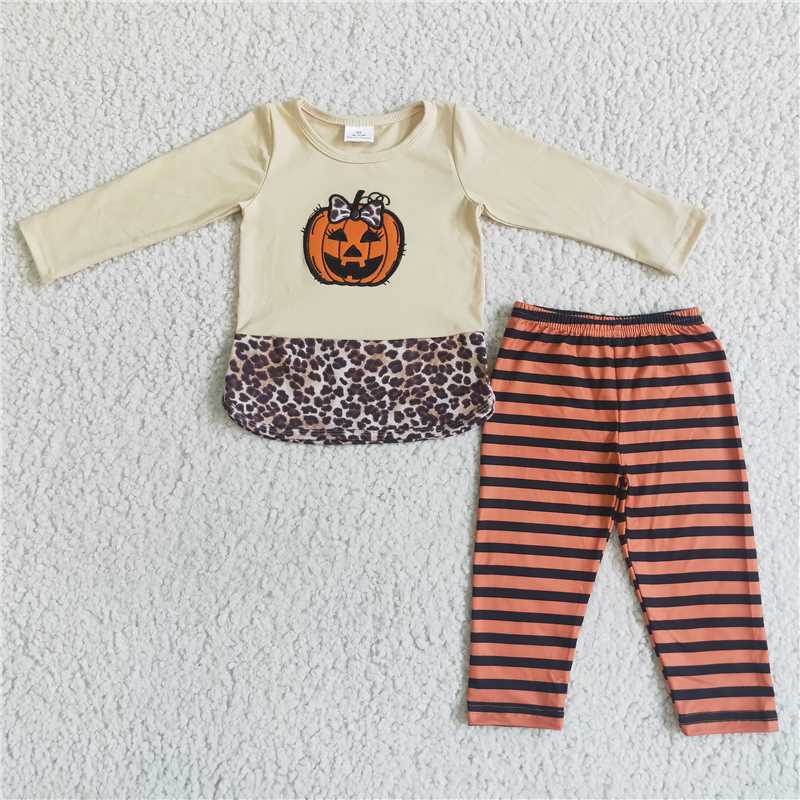GLP0043Pumpkin embroidery leopard shirt stripe leggings girls Halloween outfits