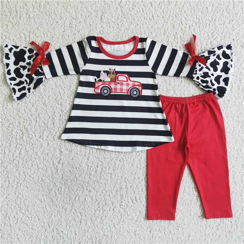 GLP0031Cow tractor embroidery tunic match leggings girls farm set