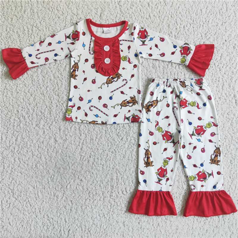 12.12 RTS NO MOQ (In stock)GLP0087 Christmas baby girls grin cartoon ruffle holiday pajamas